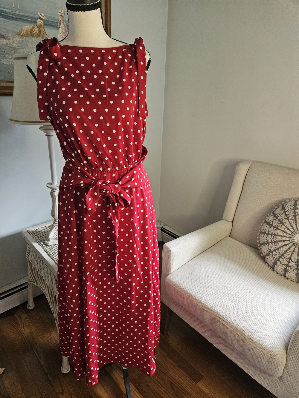 Red Polka Dot Tie-Waist Sleeveless Dress. Top Ties, Wrap Belt. Christmas.